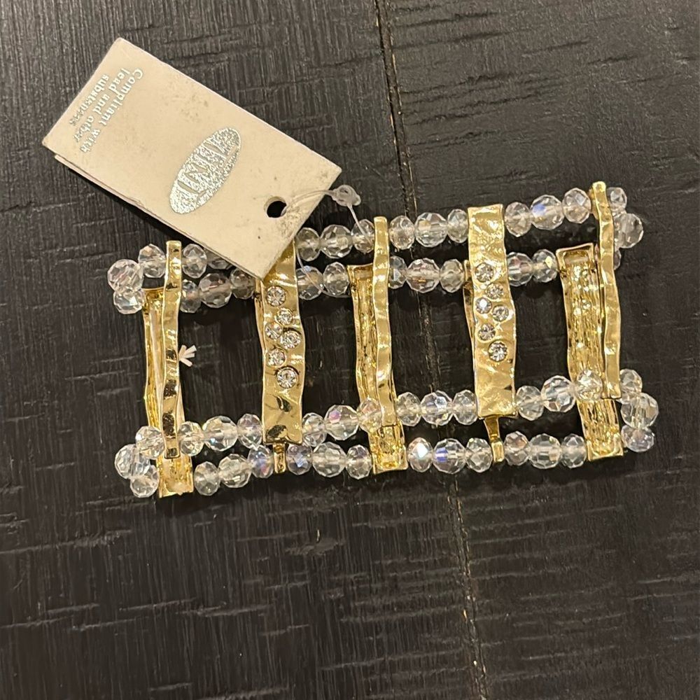 NWT Tint Clear Bead Beaded Rhinestone Stretch Thick Bracelet Gold Tone Hammered